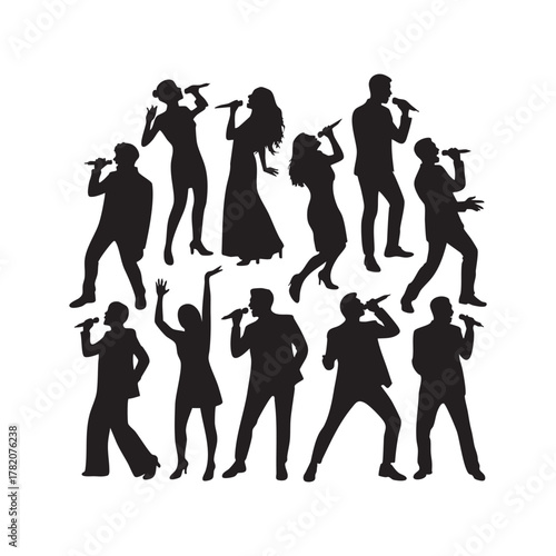 Diverse group of singers performing with microphones on white background singing performance