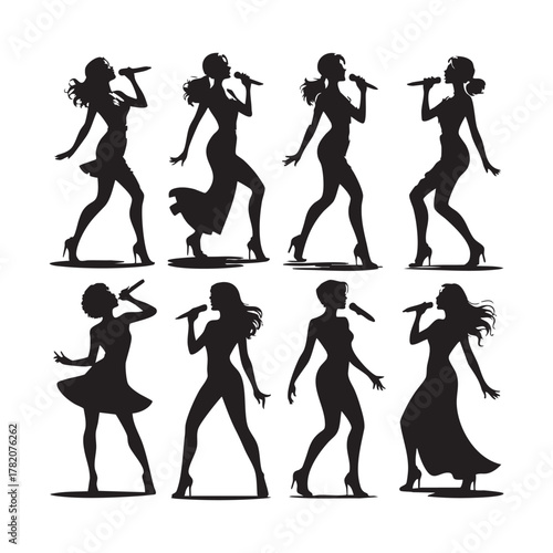 Eight Black Silhouettes of Women Singing with Microphones on White Background woman performer