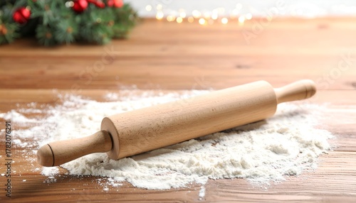 A wooden rolling pin lies on a flour-dusted table with festive Christmas decorations blurred in the background, creating a cozy holiday baking scene.