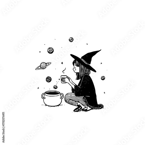 A witch stirring a cosmic brew surrounded by planets and stars while holding a cup of potion too 100