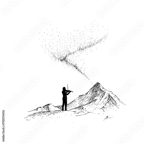 Illustration of a woman pouring liquid into a cup with planets and plants in a black and white style