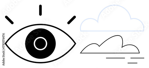 Wide-open eye with surrounding lines beside clouds and breeze strokes evoke themes of vision, creativity, ideas, perspective, imagination, freedom, and clarity, using a simple flat metaphor