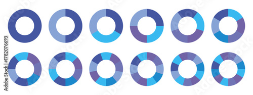Circle pie chart diagram. Pie chart color icons. Colorful diagram collection with 2,3,4,5,6,7,8,9,10,11,12 segment infographic Vector illustration