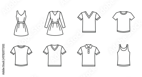 Collection of simple, isolated line icons representing various types of clothing including dresses, t-shirts, and polo shirts, suitable for web, books, cards, and apps, with editable strokes for