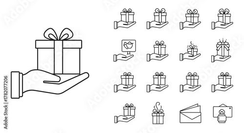 A collection of outline vector icons depicting hands holding gift boxes, envelopes, and a camera, perfect for graphic design, web development, apps, advertisements, and various card designs