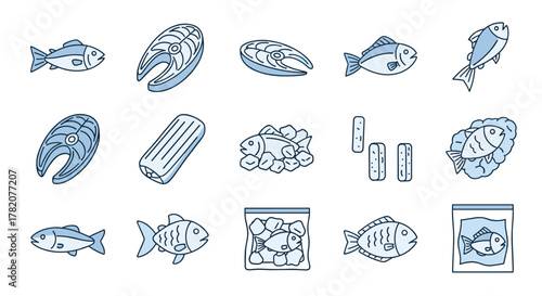 Collection of stylized blue outline icons representing various forms of frozen fish, including whole fish, fish steaks, fish sticks, and fish packed in ice, suitable for graphic design, web, apps