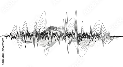 Abstract sound wave visualization with dynamic lines and brush stroke elements, representing music, technology, and fluid motion in a modern graphic design. This energetic waveform illustrates