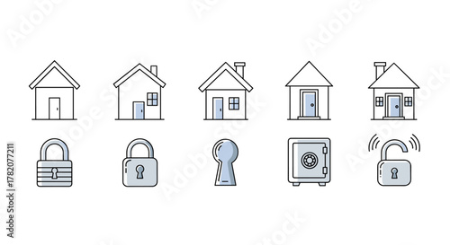 Collection of minimalistic house and lock icons, pictograms for web and graphic design, apps, banners, social networks, and cards, vector cartoon illustration with a white background, representing