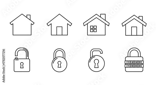 Set of simple line art icons representing houses and locks, including an unlocked padlock, a closed padlock, a combination lock, and various house outlines, perfect for graphic design, app