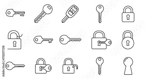 Collection of simple linear outline icons representing various keys, padlocks, and a car key, perfect for web, books, cards, and apps. Editable stroke vector cartoon illustrations symbolizing