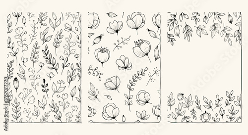 Minimalist ink brush abstract floral pattern set for poster or card design, featuring delicate doodles of nature elements like leaves and flowers, perfect for social media backgrounds or wall art.
