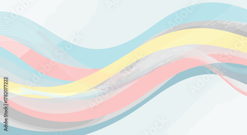 Abstract background with flowing waves and delicate lines in soft pastel tones of blue, pink, and yellow, creating a serene and minimalist visual, perfect for graphic design and modern presentations.