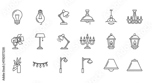 A comprehensive collection of illumination-themed line icons, featuring a diverse range of lighting elements such as light bulbs, desk lamps, chandeliers, pendant lights, spotlights, street lamps