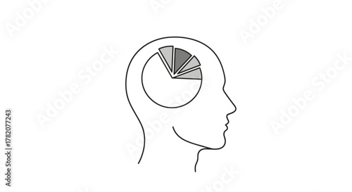 Conceptual vector illustration of a human head profile with a pie chart inside, symbolizing data analysis, decision making, and cognitive processes. The simple line art design features a pie chart