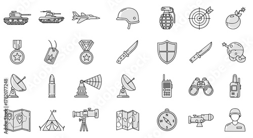 Set of Army-Related Line Icons: Military and Defense Outline Signs for Graphic and Web Design, Apps, Adverts, Various Cards, Vector Cartoon Illustration, Flat Design Elements, Modern Style, Isolated