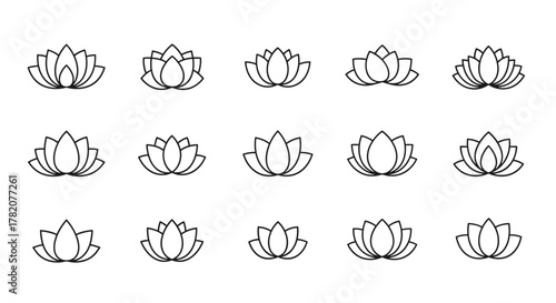 Set of 15 minimalist line art lotus flower icons and logos on a clean white background, representing purity, spirituality, and beauty. This collection features various stylized lotus designs, perfect