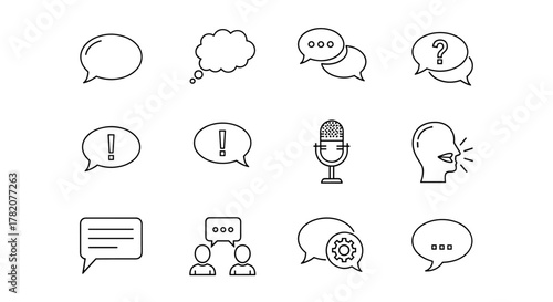 Collection of line icons representing speech bubbles, talking, conversation, dialogues, question marks, exclamation points, microphones, and people communicating, perfect for web, books, cards, and