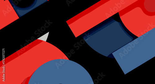 Dynamic abstract composition featuring overlapping red and blue circles and rectangles against a stark black background, creating a modern and visually striking design with a dominant color scheme of