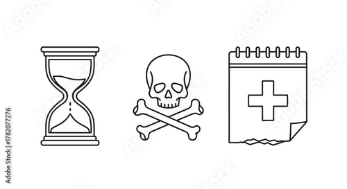 A minimalist outline icon set representing time and mortality, featuring an hourglass symbolizing the passage of time, a skull and crossbones signifying danger or death, and a calendar page with a