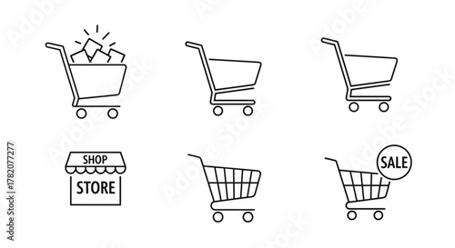 A collection of six simple line art shopping cart icons, depicting various stages of shopping and sales, including a full cart, empty carts, a store front, and a cart with a sale tag, presented as
