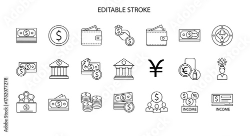A clean and modern line icon set representing various financial concepts, including dollar bills, coins, wallets, banks, currency exchange, income, and business growth, perfect for web and print