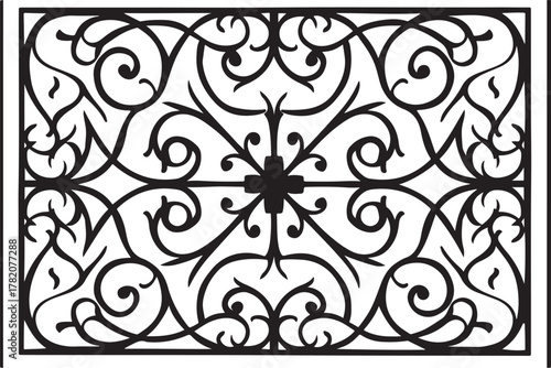 Intricate black wrought iron scrollwork pattern silhouette