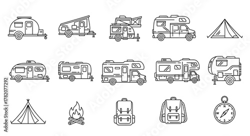 Collection of minimalist camper and RV vector icons in a line art style, perfect for outdoor and travel graphic design projects. This set includes various types of recreational vehicles, tents, a