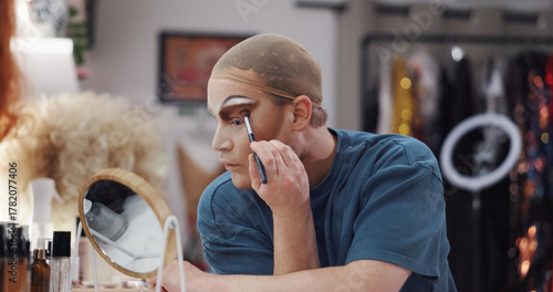 Canvas Print Drag artist, makeup and mirror in dressing room for stage preparation, identity and glamour