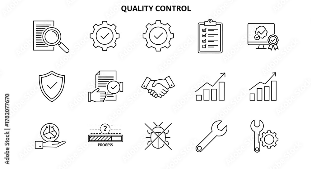 Fototapeta premium Quality control set of line style web icons, including magnifying glass on document, gears with checkmarks, clipboard, computer monitor with badge, shield, handshake, progress bar, bug, wrench, and