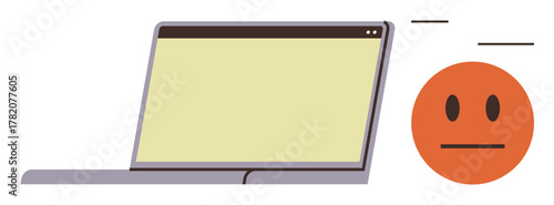 Open laptop alongside a neutral emotive face illustrating reaction to digital media or virtual communication. Ideal for online interaction, communication, social media, feedback, evaluation, tech