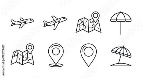 Set of minimalist line icons representing vacation and travel essentials, including airplanes, folded maps with location pins, and beach umbrellas, perfect for digital and print design projects like