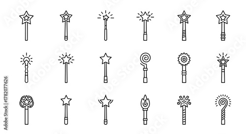 Collection of 18 simple linear outline magic wand icons, editable stroke, suitable for web sites, books, cards, apps, vector cartoon illustration with a white background. Diverse designs including