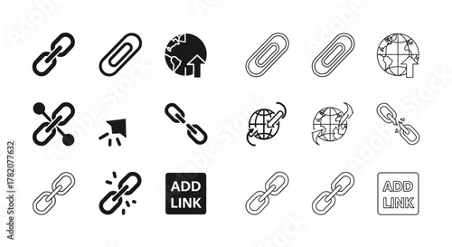 A comprehensive collection of link icons in both solid black and outline styles, featuring various representations of chain links, paperclips, and global connections, presented on a clean white