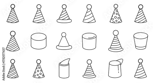 Collection of simple linear outline vector illustrations of party hats and cylindrical objects, suitable for web, books, cards, and apps, featuring editable stroke and a cartoon style. The set