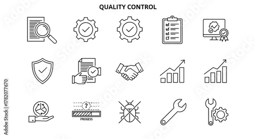 Quality control set of line style web icons, including magnifying glass on document, gears with checkmarks, clipboard, computer monitor with badge, shield, handshake, progress bar, bug, wrench, and