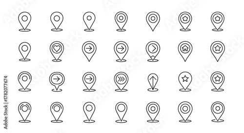 Set of modern location pin icons, featuring map markers, destination symbols, and pointer logos, presented as a clean vector illustration for various applications, including navigation, travel, and