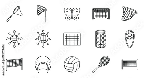 Thin line icon set featuring various sports and outdoor activity equipment, including butterfly nets, soccer goals, volleyballs, tennis rackets, and nets, presented as outline signs for graphic and
