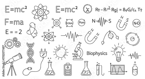 A collection of hand-drawn linear style physics doodle icons, featuring famous scientific formulas like E=mc², F=ma, and E=2, alongside symbols representing atoms, DNA, magnets, telescopes