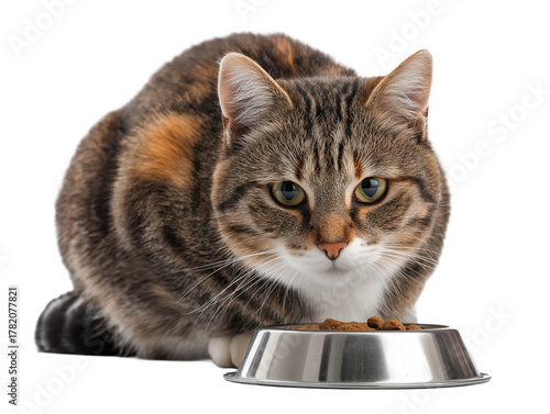 Pet cat isolated, adult cat eating cat food from a food bowl, adorable cat close-up portrait, isolated on a transparent background, professional pet photography, pet food advertising concept