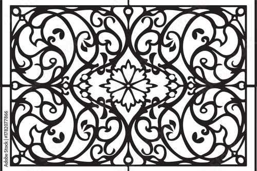 Intricate black and white decorative scrollwork pattern silhouette