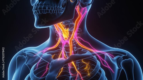 Glowing Human Anatomy Skull Ribcage and Vascular System Visualization