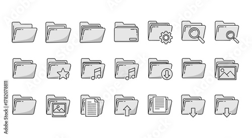 A comprehensive collection of thin line computer folder icons, featuring editable strokes and a clean, modern design, perfect for web, print, and app interfaces, presented as a vector cartoon
