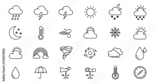 Collection of Weather-Related Line Icons: Rain Outline Signs for Graphic and Web Design, Apps, Adverts, Various Cards, Vector Cartoon Illustration with Sun, Clouds, Snowflakes, Rainbow, Tornado, and