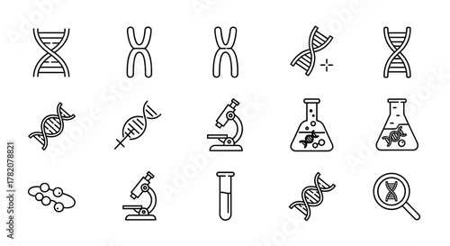 Collection of simple, isolated line icons representing DNA and chromosomes, suitable for web, books, cards, and apps. This editable stroke vector illustration features various scientific symbols like