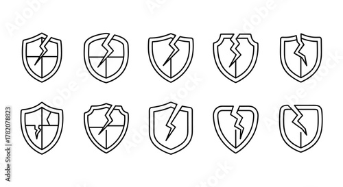 Collection of ten cracked shield line icons on a white background, representing security breaches, data protection failures, and system vulnerabilities. Each icon features a distinct crack pattern