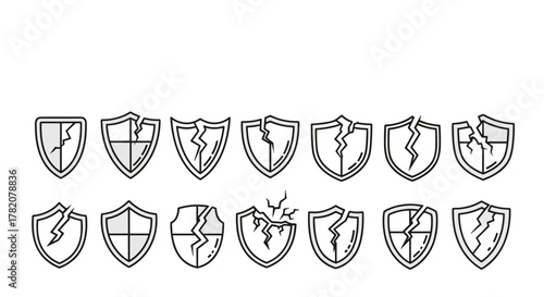 Collection of cracked shield icons in a linear style, representing broken security, vulnerability, and loss of protection. These vector graphics are perfect for designs, books, adverts, and apps