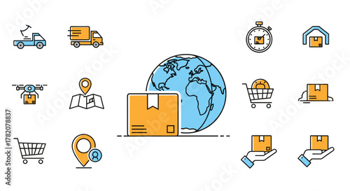 Global delivery and logistics icons set, featuring a stylized earth with a package, trucks, drone, map pin, stopwatch, shopping cart, warehouse, and hands holding boxes, representing e-commerce and