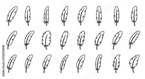 Collection of thin feather icons with editable stroke, suitable for web sites, books, cards, apps, vector cartoon illustration on a white background. A set of diverse feather designs for creative
