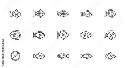 A collection of modern outline-style fish icons, perfect for design projects, cards, apps, and social networks. This vector cartoon illustration features an ordered set of diverse fish shapes on a