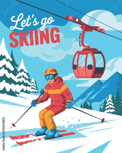 Skier on Ski Slope Vector, Cable Car and Mountains in Background for Alpine Adventure, Vacation Posters, Travel Illustrations, and Winter Sport Designs